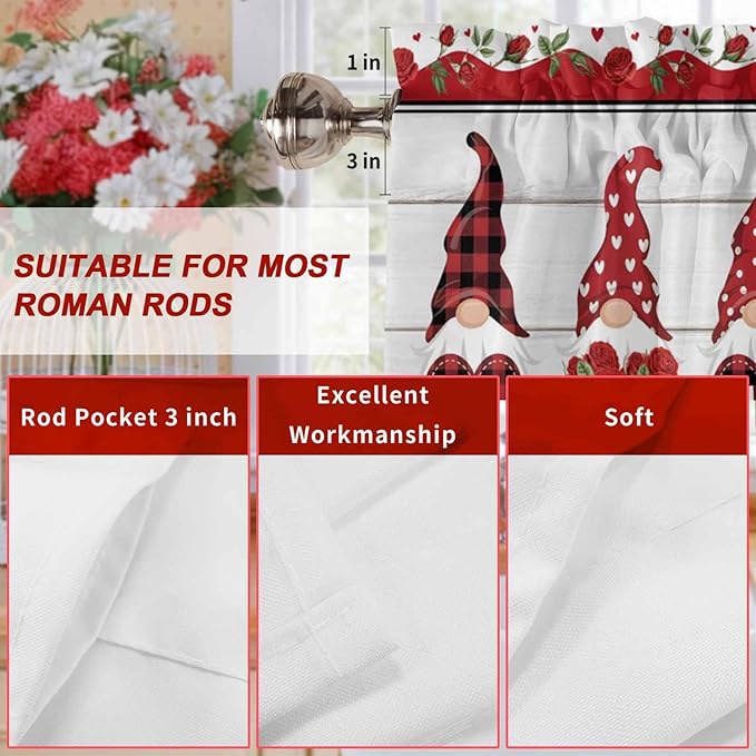 I Love U Valance Curtains for Kitchen, Valentine's Day Dwarf Romantic Wood Grain Privacy Rod Pocket Valance Curtain, Light-Filtering Window Treatment for Bedroom Bathroom, 42"x12"