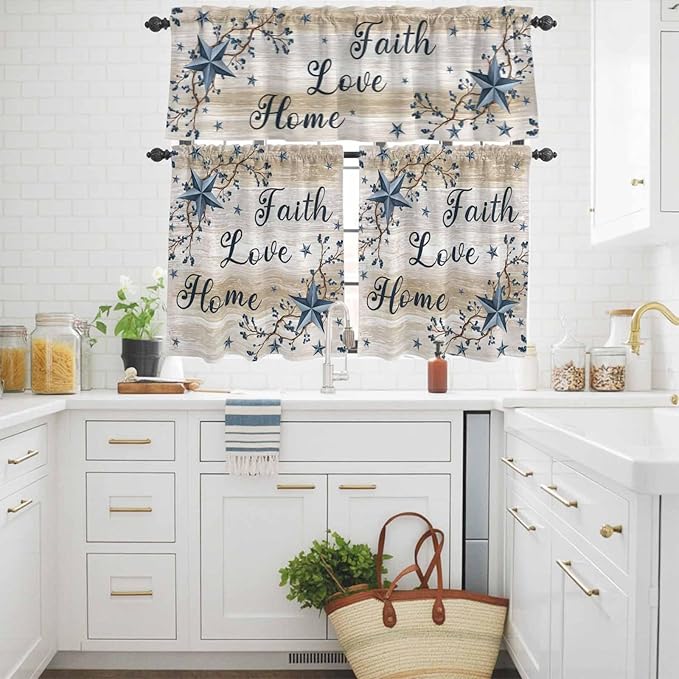 Kitchen Curtains Tiers and Valance Set of 3, Vintage Country Light Filtering Window Curtain Set, Blue Rustic Texas Star Vines Wooden Grain Rod Pocket Curtain Drapes for Living Room, 36 Inches Tiers