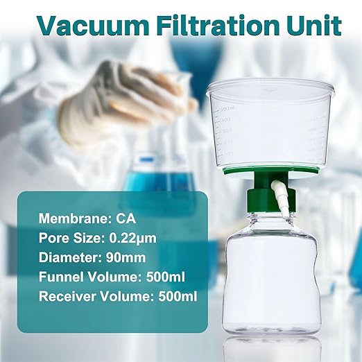 500ml Vacuum Filtration System, Disposable Sterile Vacuum Filter Units with CA Membrane, 0.22μm Pore Size, 90mm Diameter for Laboratory, Chemistry, Graduated, Individually Wrapped, Pack of 1