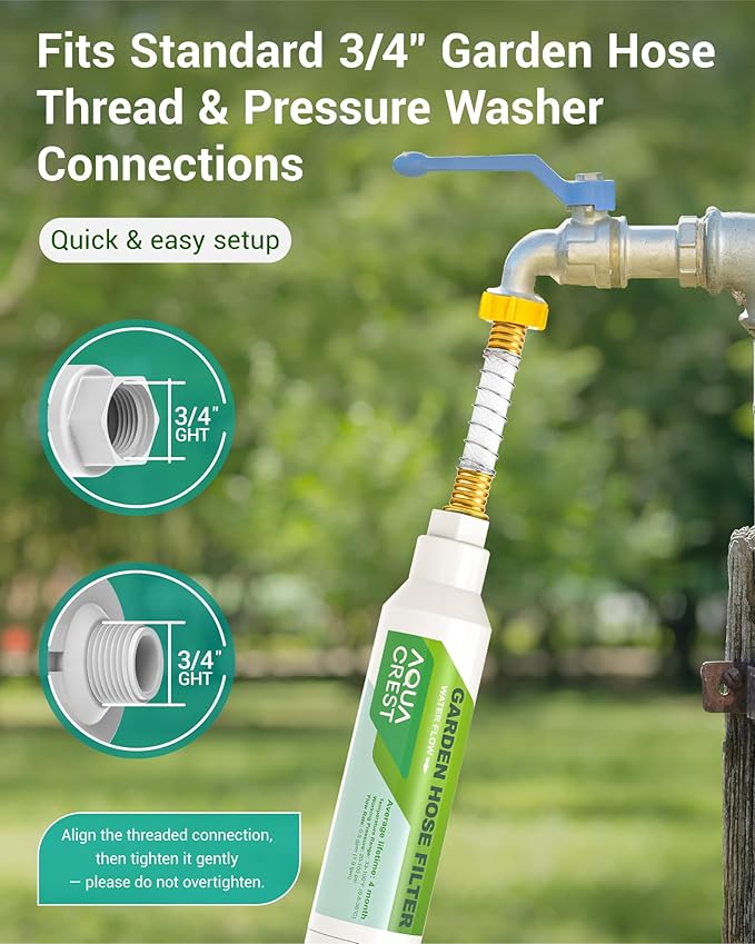 AQUACREST Garden Hose Water Filter for Plants, Greatly Reduces Chlorine, Odor, Improve Plants Health, Ideal for Organic Gardening, Farming and Pets, with Hose Protector