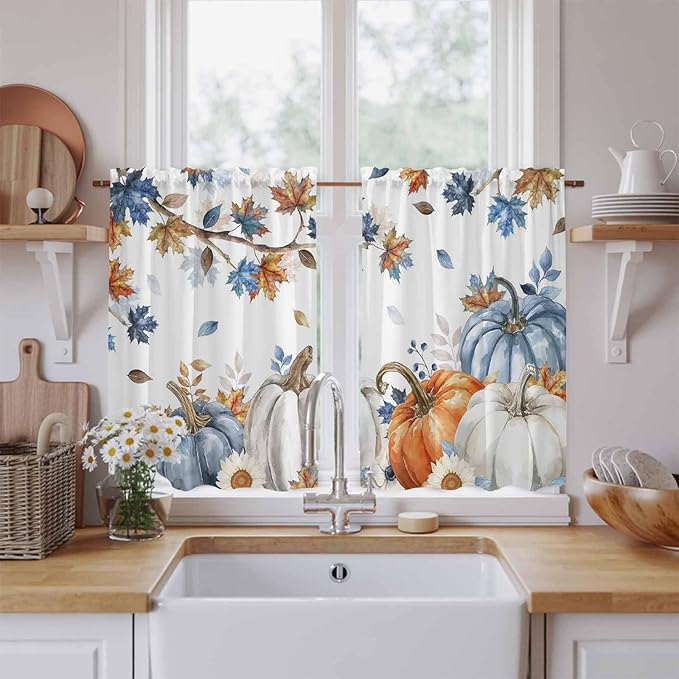 Navy Blue Pumpkin Fall Kitchen Tier Curtains 45 Inch Long 2 Panel Set,Rod Pocket Short Window Treatment,Thanksgiving Maple Leaves Branches Curtains & Drapes for Bathroom Basement 27.5"W x 45"L