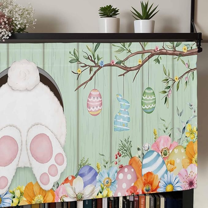 Easter Curtain Valances for Windows, Kitchen Valance Window Treatment, Spring Watercolor Bunny Eggs Wooden Grain Green Light Filtering Block Curtains for Bathroom/Bedroom/Living Room 54'' x 18''