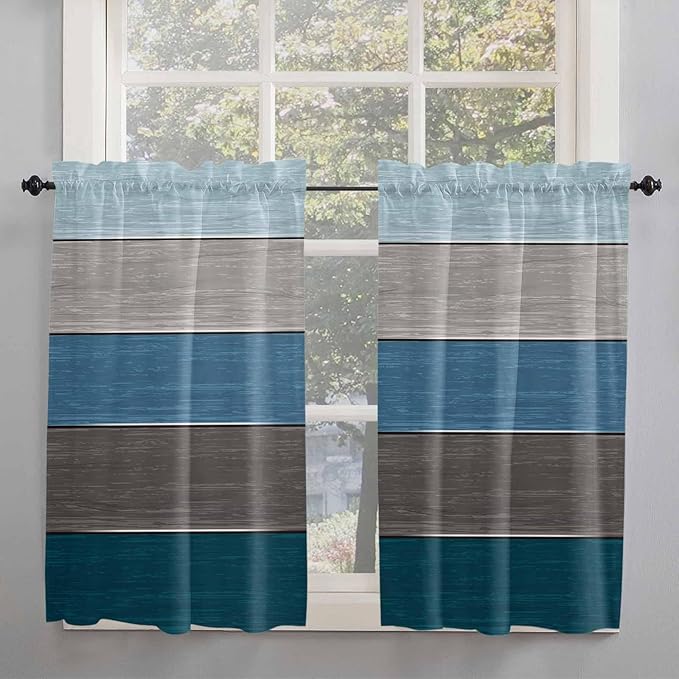 Retro Farm Blue Gray Wood Grain Window Valance Curtains, Rustic Wooden Plank Light Filtering Kitchen Valance with 3-inch Rod Pocket for Living Room Bathroom Bedroom,2 Panel,27.5x45In