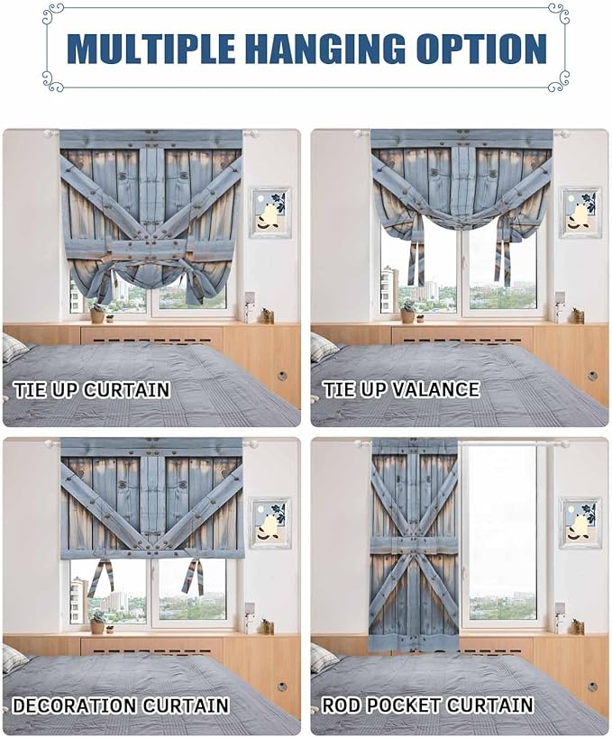 Tie Up Curtains for Windows, Farmhouse Wood Grain Adjustable Balloon Nature Linen Textured Kitchen Curtain, Vintage Country Barn Gate Textured Blackout Curtains for Living Room, 46 x 63 Inches
