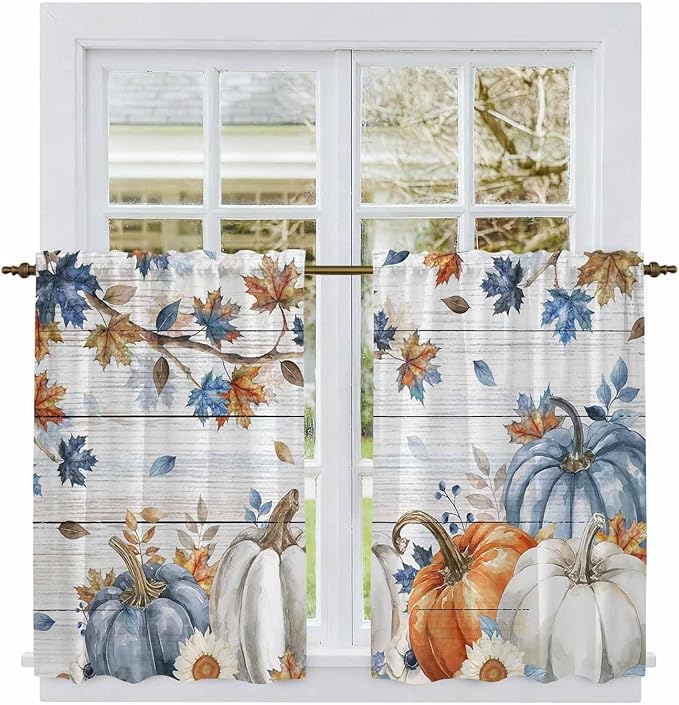 Thanksgiving Pumpkin Kitchen Curtains 45 Inch Long 2 Panel Set, Rod Pocket Window Treatment, Fall Maple Leaf Daisy Wooden Grain Light Filtering Short Curtains & Drapes for Bathroom Laundry 52"W x 45"L