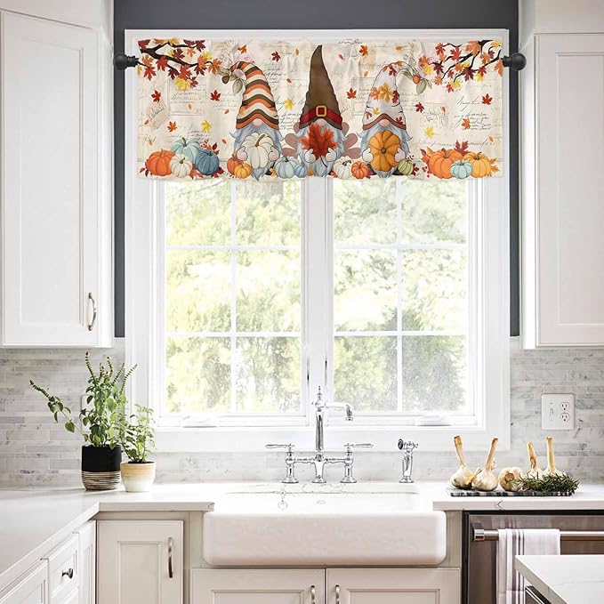 Fall Gnomes Kitchen Curtain Set, Thanksgiving Maple Leaf Rustic Pumpkin Window Valance and Tiers 24" Length, Light Filtering Short Curtains Valance for Cafe Bathroom Bedroom 54"x18"