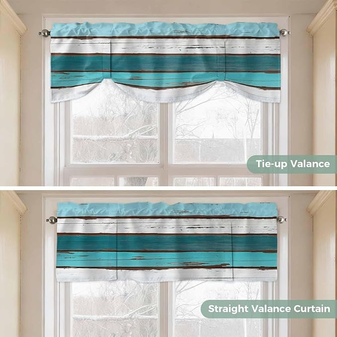 Turquoise Teal Tie Up Valance Curtains for Windows, Kitchen Curtains Window Shades, Farmhouse Retro Ombre Wooden Grain Light Filtering Roman Curtain Valances for Bedroom/Bathroom/Cafe 42"x18"