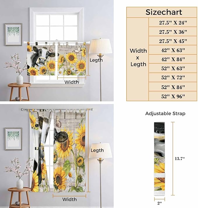 Yellow Sunflowers Living Room Curtains 84 Inch Length, Window Curtains Tab Top, Farmhouse Cow Barn Doors Floral Butterfly Light Filtering Window Treatments Drapes 42"x84" 2 Panel