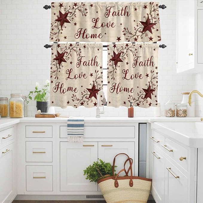 Kitchen Curtains Tiers and Valance Set of 3, Vintage Country Light Filtering Window Curtain Set, Vintage Rustic Texas Stars Plants Branch Rod Pocket Curtain Drapes for Living Room, 24 Inches Tiers