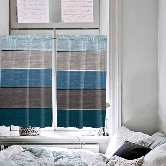 Retro Farm Blue Gray Wood Grain Window Valance Curtains, Rustic Wooden Plank Light Filtering Kitchen Valance with 3-inch Rod Pocket for Living Room Bathroom Bedroom,2 Panel,52x54In