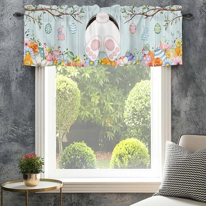 Easter Bunny Curtain Valances for Windows, Kitchen Valance Window Treatment, Easter Eggs Spring Farmhouse Wood Grain Teal Blue Light Filter Block Curtains for Bathroom/Bedroom/Living Room 42'' x 18''