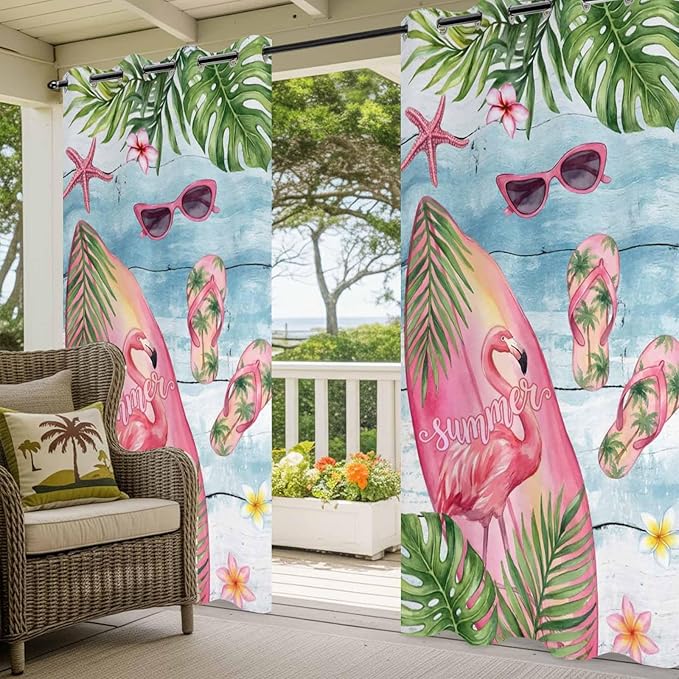 Summer Flamingbirds Outdoor Curtains for Patio Palm Leaves Plumeria Wood Waterproof Outside Curtains with Grommet Top Weatherproof Curtain for Cabana Pergola Gazebo, 1 Panel, 54" W x 84" L