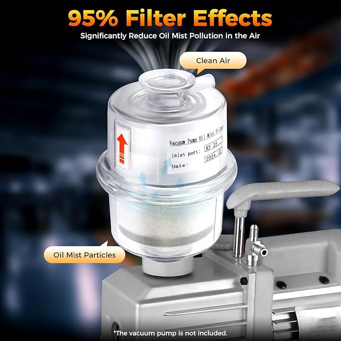 95% Efficiency Oil Mist Filter, Vacuum Pump Filter with KF25 Flange & Drain Pipe, for Pumps ≤2.11Gal/s