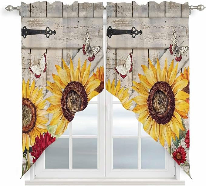 Red Yellow Sunflowers Swag Valances for Windows, Retro Rustic Barn Doors Butterfly Brown Rod Pocket Kitchen Curtains Valance, Small Window Curtains Swag for Cafe Living Room, 2 Panels, 36x36 inch