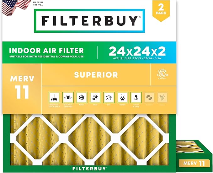Filterbuy 24x24x2 Air Filter MERV 11 Superior Pet & Allergy Defense (2-Pack), Electrostatic Pleated HVAC AC Furnace Filters Replacement, Made in USA (Actual Size: 23.38 x 23.38 x 1.75)