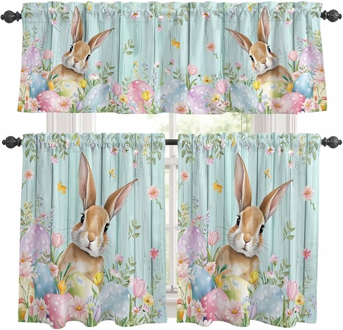 Kitchen Curtains Tiers and Valance Set of 3, Easter Light Filtering Window Curtain Set, Spring Rabbit Eggs Flowers Leaf Green Wooden Plank Rod Pocket Curtain Drapes for Living Room, 36 Inches Tiers