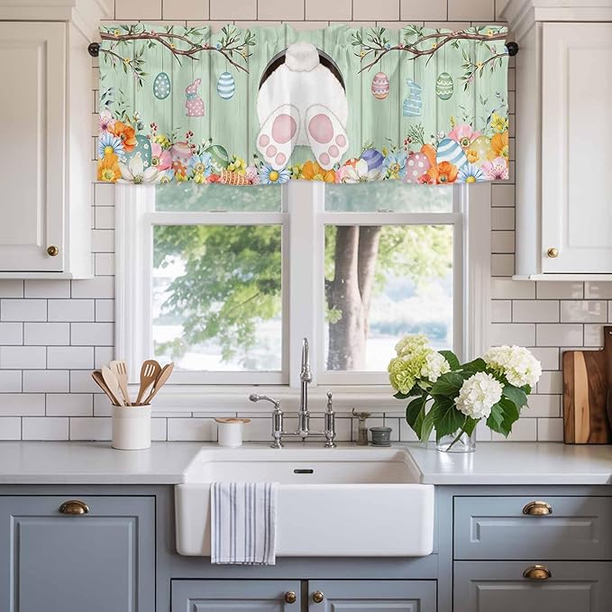 Easter Curtain Valances for Windows, Kitchen Valance Window Treatment, Spring Watercolor Bunny Eggs Wooden Grain Green Light Filtering Block Curtains for Bathroom/Bedroom/Living Room 42'' x 18''