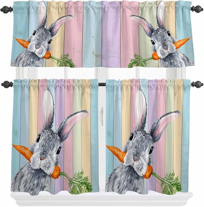Easter Kitchen Curtain Set, Spring Grey Rabbit Carrots Colorful Wooden Plank Window Valance and Tiers 36" Length, Light Filtering Short Curtains Valance for Cafe Bathroom Bedroom 54"x18"