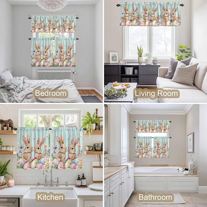 Easter Kitchen Curtains Set 3 Piece for Windows, Rod Pocket Valance and Tier Set 36 Inch Length, Spring Rabbit Colorful Eggs Flowers Wooden Grain Light Filtering Cafe Curtains for Living Room Bathroom