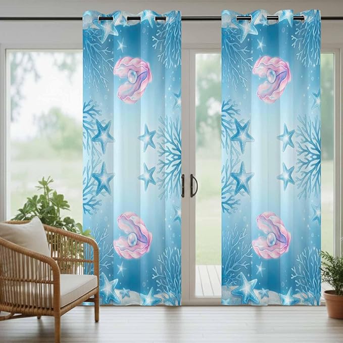 Ocean Shell Outdoor Curtains for Patio Corals Starfish Summer Marine Waterproof Outside Curtains with Grommet Top Weatherproof Curtain for Cabana Pergola Gazebo, 2 Pack, 54" W x 108" L