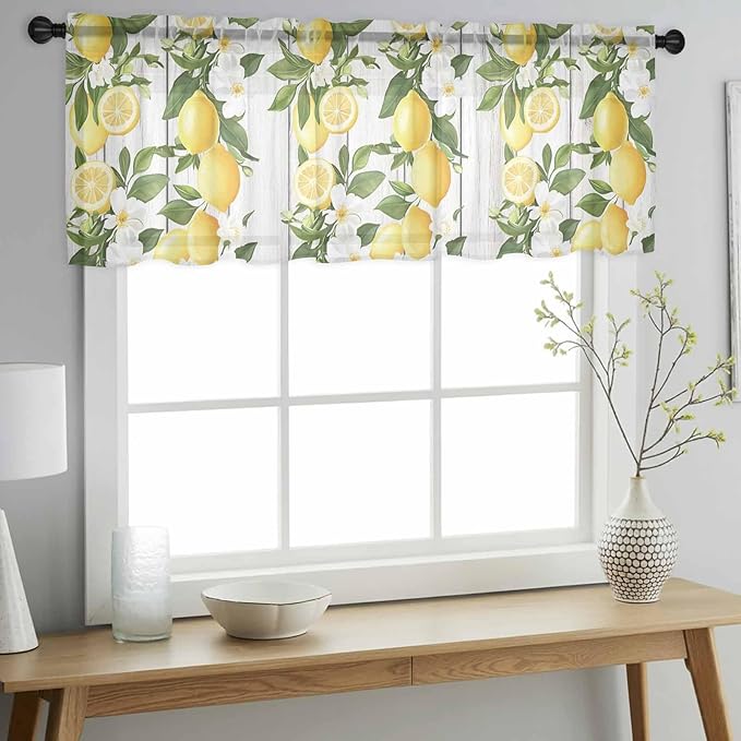 Spring Summer Lemon Sheer Valance Curtains, Leaf Flower White Wood Grain Light Filtering Kitchen Valances Rod Pocket Voile Curtain Window Treatment for Bedroom/Living Room/Basement 42Wx12L