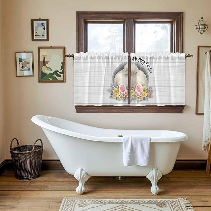 Easter Bunny Kitchen Tier Curtains 36 Inch Long 2 Panel Set,Rod Pocket Half Window Curtains Over Sink,3D Optical Illusion Farmhouse Flower Wood Grain Light Filtering Short Drapes Cafe 27.5"W x 36"L