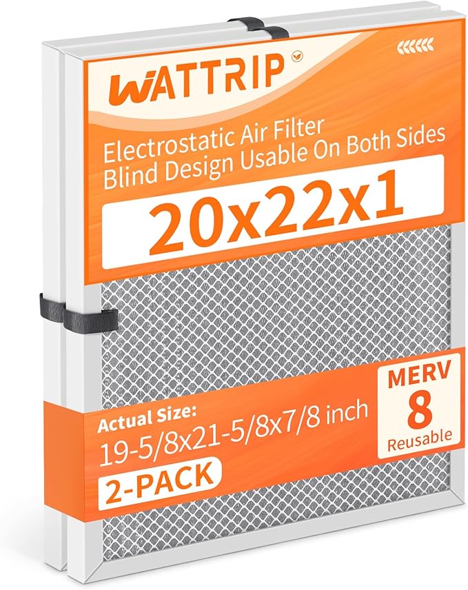 2-Pack 20x22x1 MERV 8 Reusable & Washable Electrostatic Air Filters - Long-Lasting Filter for HVAC, Furnace & Air Conditioner Units, Actual Size: 19-5/8” x 21-5/8” x 7/8”