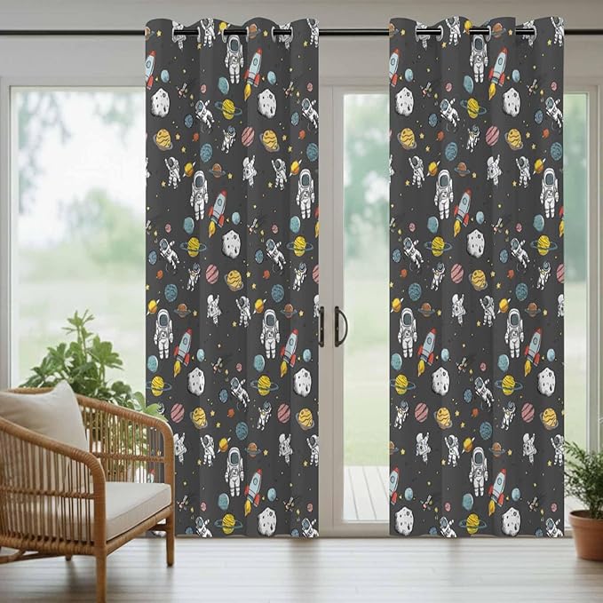 Cartoon Space Outdoor Curtains for Patio Rockets Planets Astronauts Gray Waterproof Outside Curtains with Grommet Top Weatherproof Curtain for Cabana Pergola Gazebo, 2 Pack, 54" W x 95" L