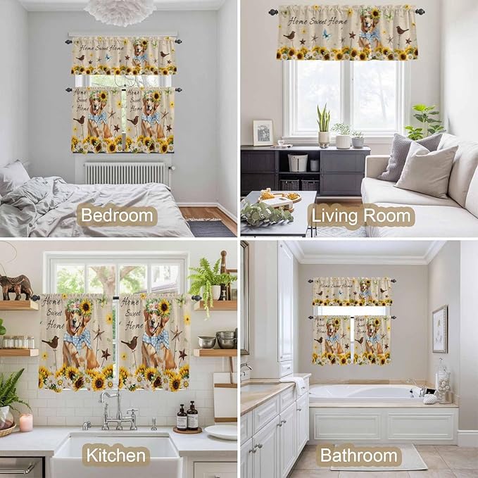Kitchen Curtains Tiers and Valance Set of 3, Sunflowers Dog Light Filtering Window Curtain Set, Spring Watercolor Floral Stars on Linen Rod Pocket Curtain Drapes for Cafe, Living Room, 36 Inches Tiers