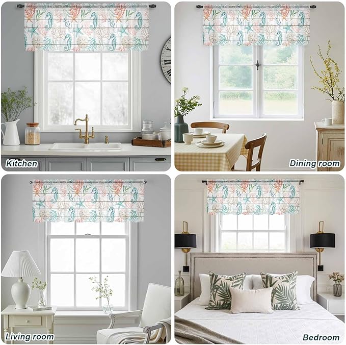 Teal Seahorse Starfish Sheer Valance Curtains, Summer Beach Coral Shell Board Light Filtering Kitchen Valances Rod Pocket Voile Curtain Window Treatment for Bedroom/Living Room/Basement 42Wx12L
