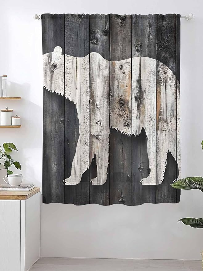 Sheer Curtains 63 Inch Length, White Brown Bear Semi Sheer Curtains Light Filtering Window Treatment, Farmhouse Country Vintage Wood Grain Privacy Voile Drapes for Living Room Bedroom 52x63 Inch
