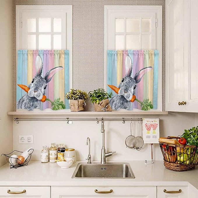 Easter Kitchen Curtain Set, Spring Grey Rabbit Carrots Colorful Wooden Plank Window Valance and Tiers 24" Length, Light Filtering Short Curtains Valance for Cafe Bathroom Bedroom 54"x18"