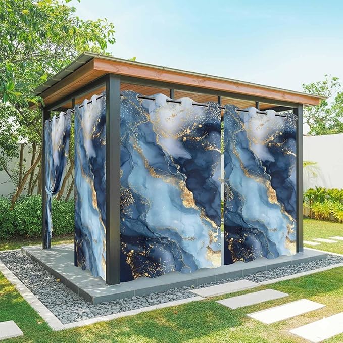 Marble Texture Outdoor Curtains for Patio Abstract Gradient Blue Golden Gorgeous Waterproof Outside Curtains with Grommet Top Weatherproof Curtain for Cabana Pergola Gazebo, 2 Pack, 54" W x 84" L