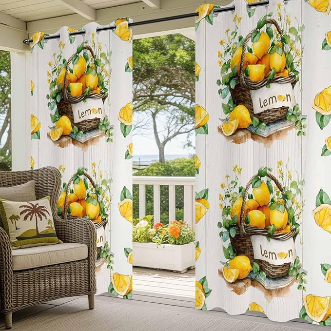 Lemon Outdoor Curtains for Patio Lemons Baskets Summer Tropical Plant Wood Waterproof Outside Curtains with Grommet Top Weatherproof Curtain for Cabana Pergola Gazebo, 1 Panel, 54" W x 84" L