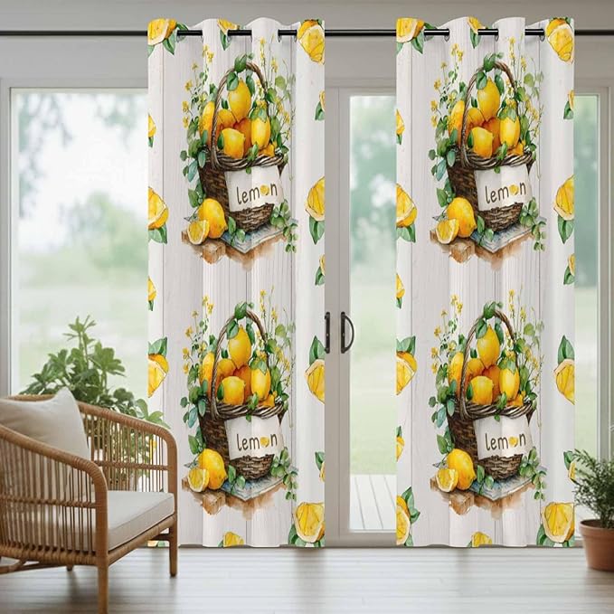 Lemon Outdoor Curtains for Patio Lemons Baskets Summer Tropical Plant Wood Waterproof Outside Curtains with Grommet Top Weatherproof Curtain for Cabana Pergola Gazebo, 2 Pack, 54" W x 108" L