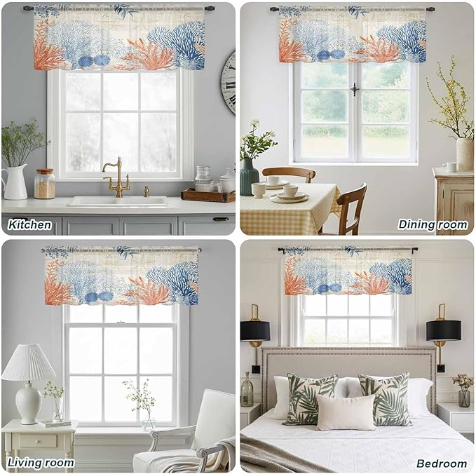 Ocean Corals Sheer Valance Curtains, Summer Beach Coral Sea Stars Retro Texture Light Filtering Kitchen Valances Rod Pocket Voile Curtain Window Treatment for Bedroom/Living Room/Basement 54Wx18L