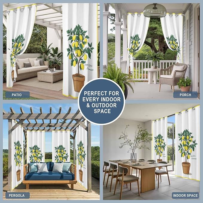 Lemons Outdoor Curtains for Patio Summer Fruit Lemon Tree Waterproof Outside Curtains with Grommet Top Weatherproof Curtain for Cabana Pergola Gazebo, 2 Pack, 54" W x 95" L