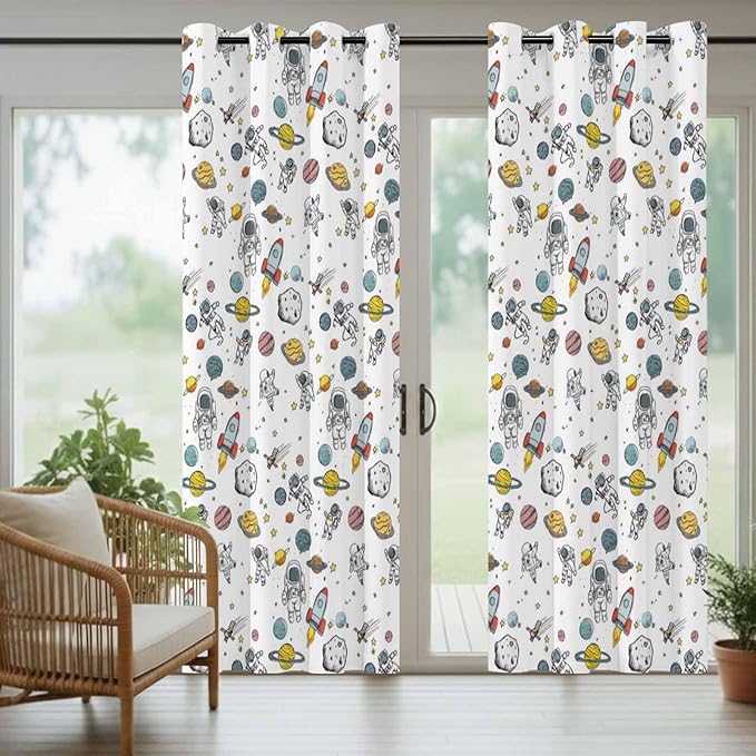 Cartoon Space Outdoor Curtains for Patio Astronauts Spacecraft Rockets Waterproof Outside Curtains with Grommet Top Weatherproof Curtain for Cabana Pergola Gazebo, 1 Panel, 54" W x 84" L