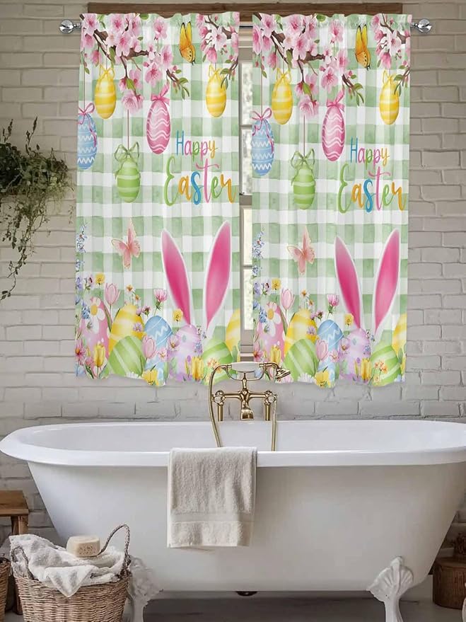 Happy Easter Bedroom Curtains 63 Inches length, Spring Bunny Eggs Flower Sage Green Plaid Window Treatment Curtain Drapes, Rod Pocket Curtain Panels for Living Room Kitchen, 42"x63", 2 Panels