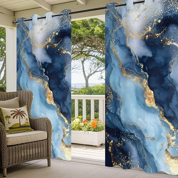 Marble Texture Outdoor Curtains for Patio Abstract Gradient Blue Golden Gorgeous Waterproof Outside Curtains with Grommet Top Weatherproof Curtain for Cabana Pergola Gazebo, 2 Pack, 54" W x 108" L