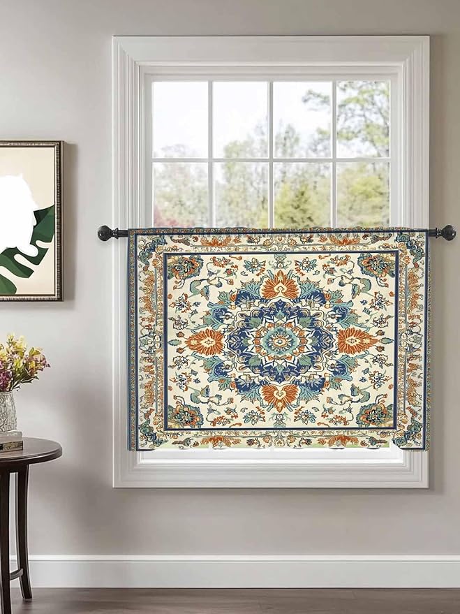 Sheer Curtains 54 Inch Length, Southwest Farmhouse Semi Sheer Curtains Light Filtering Window Treatment, Orange Blue Desert Bohemian Privacy Voile Drapes for Living Room Bedroom 52x54 Inch