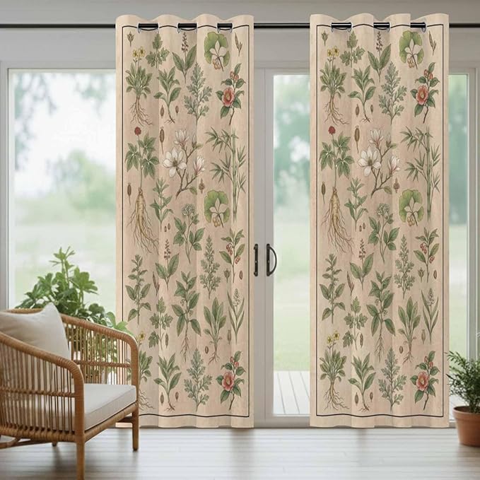 Vintage Outdoor Curtains for Patio Grass Herbal Botanical Garden Plants Waterproof Outside Curtains with Grommet Top Weatherproof Curtain for Cabana Pergola Gazebo, 2 Pack, 54" W x 95" L