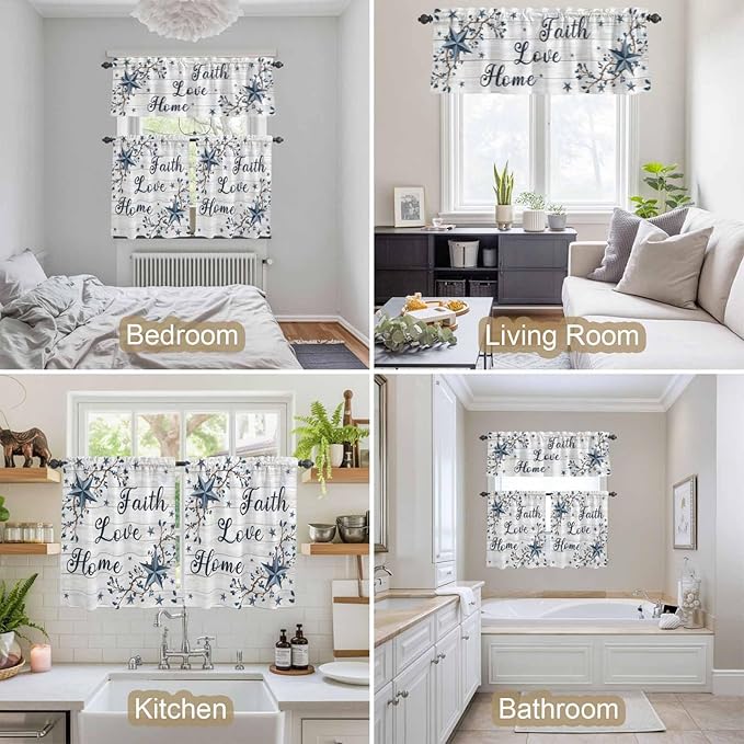 Kitchen Curtains Tiers and Valance Set of 3, Farmhouse Light Filtering Window Curtain Set, Blue Country Texas Star Vintage Berries Wooden Rod Pocket Curtain Drapes for Living Room, 24 Inches Tiers