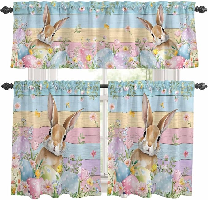 Kitchen Curtains Tiers and Valance Set of 3, Easter Light Filtering Window Curtain Set, Spring Rabbit Eggs Floral Colorful Wooden Grain Rod Pocket Curtain Drapes for Cafe, Living Room, 24 Inches Tiers