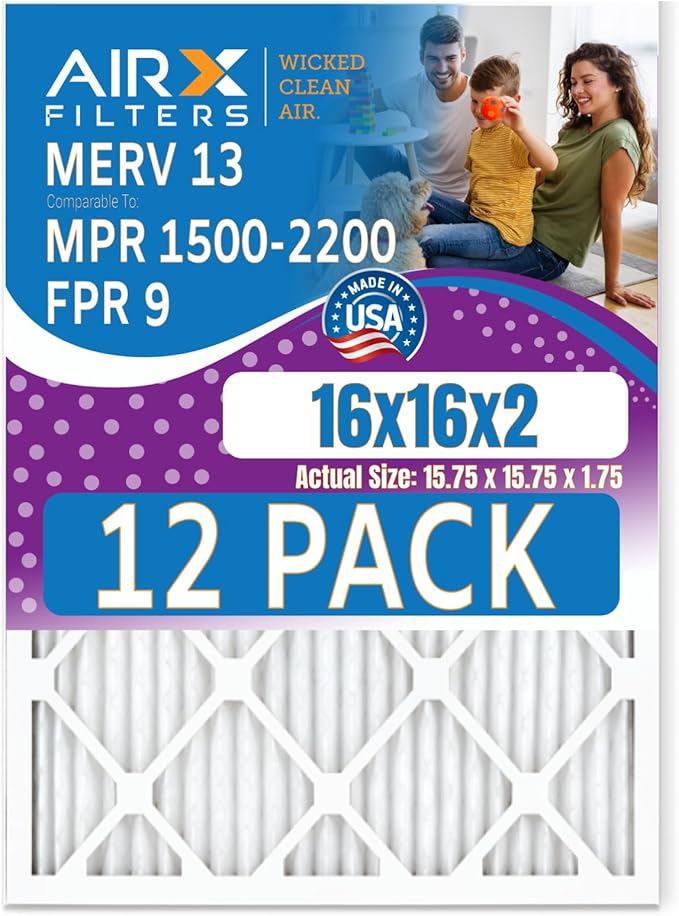 16x16x2 Air Filter MERV 13 Rating, 12 Pack of Furnace Filters Comparable to MPR 1500-2200 & FPR 9 - Made in USA by AIRX FILTERS WICKED CLEAN AIR.