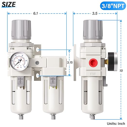 TAILONZ PNEUMATIC 0-150PSI 3/8 Inch NPT Particulate Filter+Coalescing Filter Air Filter Pressure Regulator Combo Piggyback, Air Tool Compressor Filter (Semi-Auto Drainage）