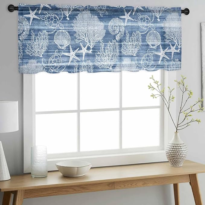 Navy Blue Retro Summer Sheer Valance Curtains, Sea Turtle Starfish Coral Ocean Light Filtering Kitchen Valances Rod Pocket Voile Curtain Window Treatment for Bedroom/Living Room/Basement 42Wx12L
