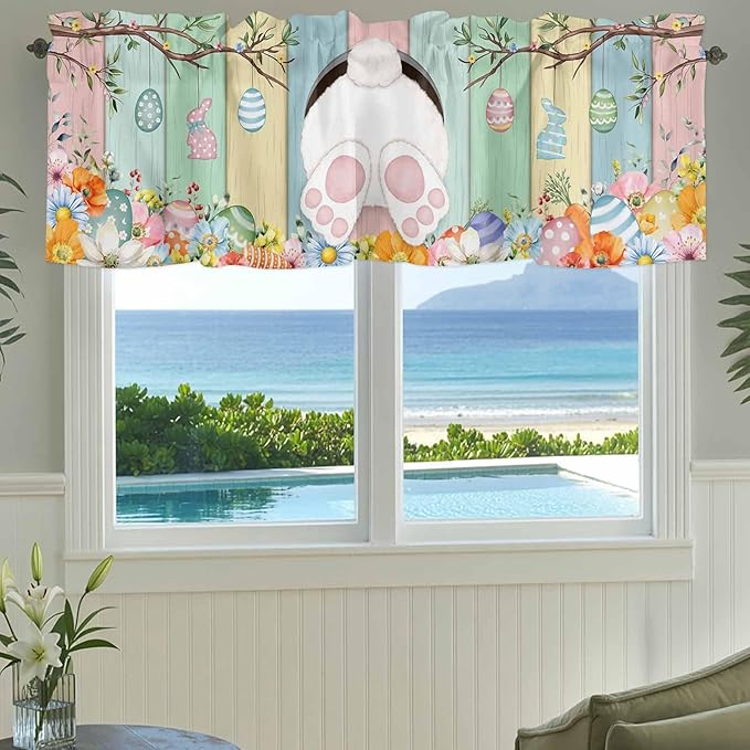 Easter Curtain Valances for Windows, Kitchen Valance Window Treatment, Spring Colorful Bunny Eggs Flower Wood Grain Light Filtering Block Curtains for Bathroom/Bedroom/Living Room 42'' x 12''