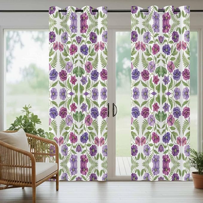 Flowers Outdoor Curtains for Patio Summer Floral Pastoral Farmhouse Plant Waterproof Outside Curtains with Grommet Top Weatherproof Curtain for Cabana Pergola Gazebo, 2 Pack, 54" W x 84" L