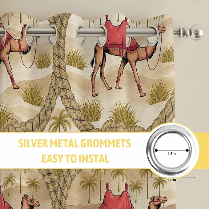 2 Panel Kitchen Cafe Curtains, Desert Camels Sunlight Filtering Nature Air Through, Home Decor Window Covering Tier Curtains for Living Room 55W x 39L inch Tropical Palm Trees Sand Cords Brown